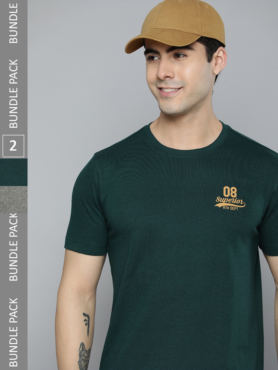 

HERE&NOW Men Pack Of 2 Pure Cotton T-shirts, Charcoal