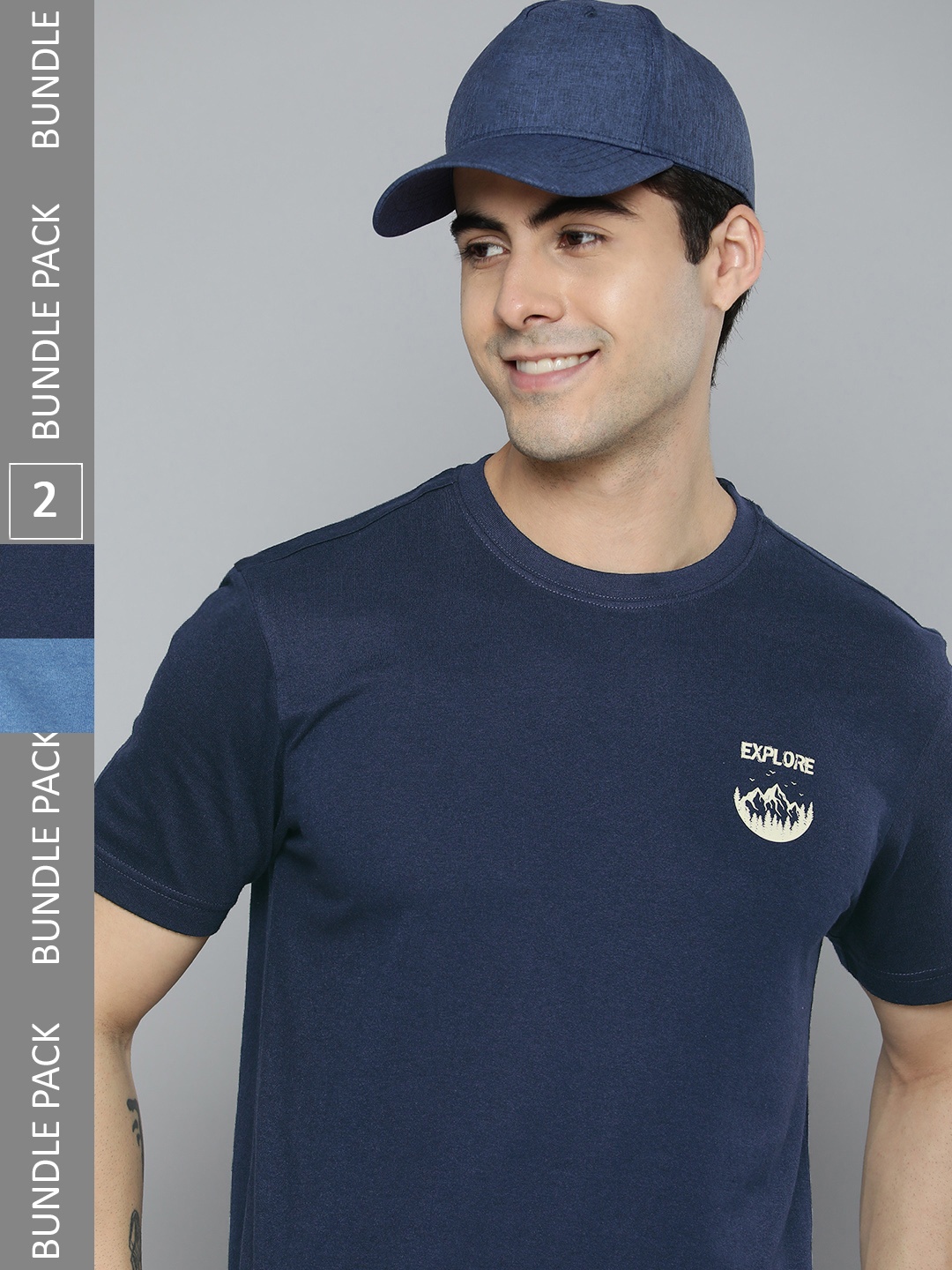 

HERE&NOW Men Pack Of 2 Pure Cotton T-shirts, Navy blue