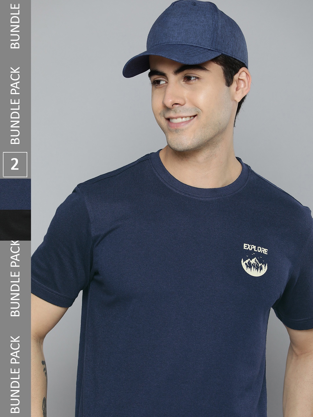 

HERE&NOW Men Pack Of 2 Pure Cotton T-shirts, Black