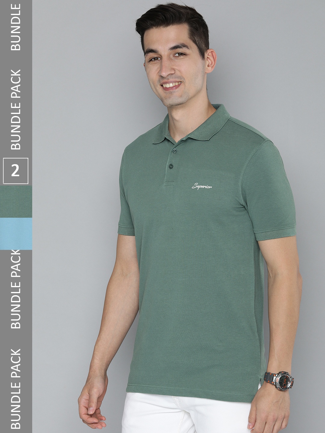 HERE&NOW Men Pack Of 2 Polo Collar Pure Cotton T-shirts, Blue