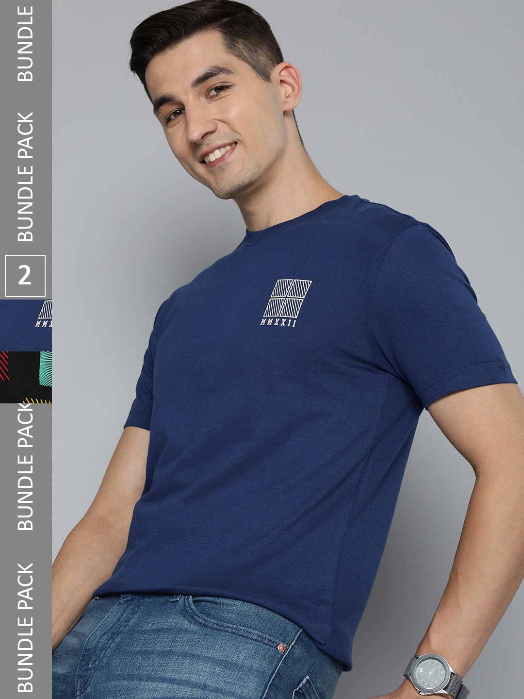 

HERE&NOW Men Pack Of 2 Pure Cotton T-shirts, Black