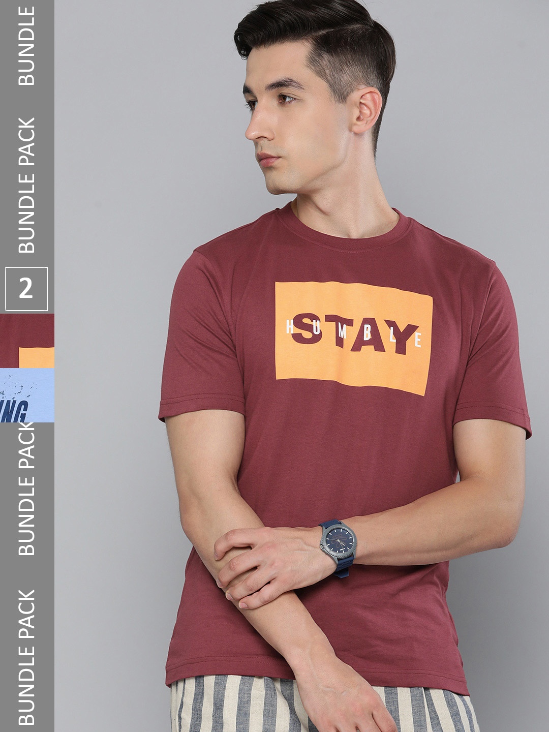 

HERE&NOW Men Pack Of 2 Pure Cotton T-shirts, Blue