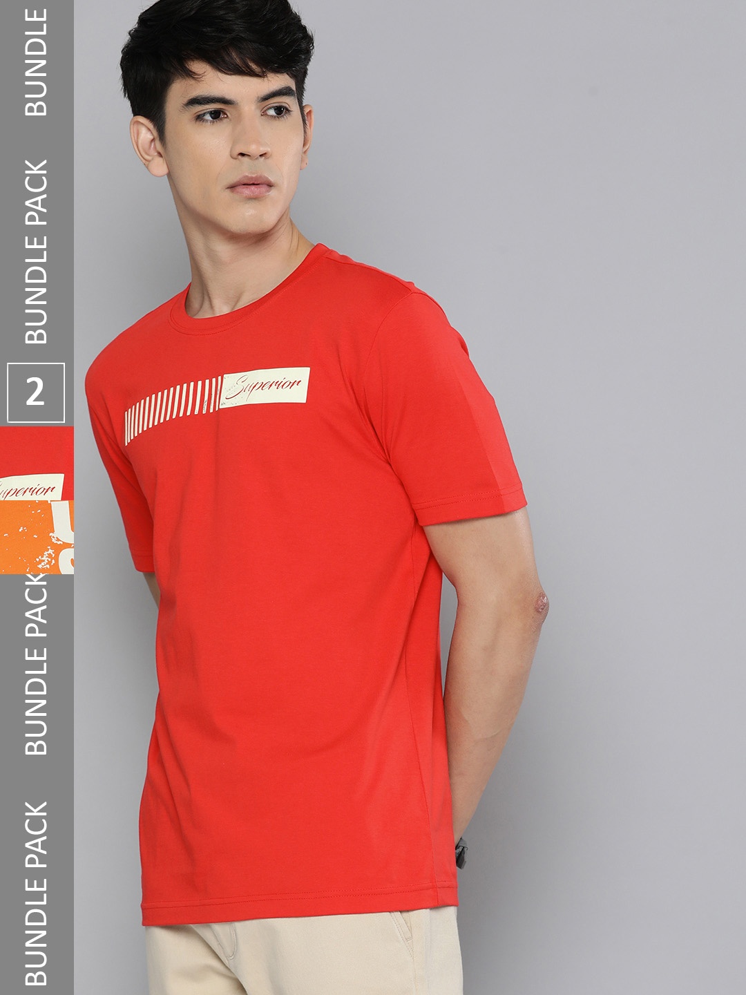 

HERE&NOW Men Pack Of 2 Pure Cotton T-shirts, Orange