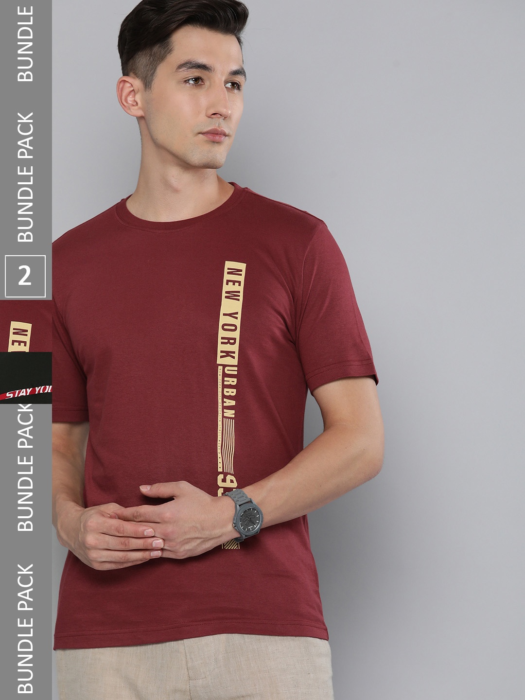 

HERE&NOW Men Pack of 2 Typography Printed Pure Cotton T-shirts, Maroon