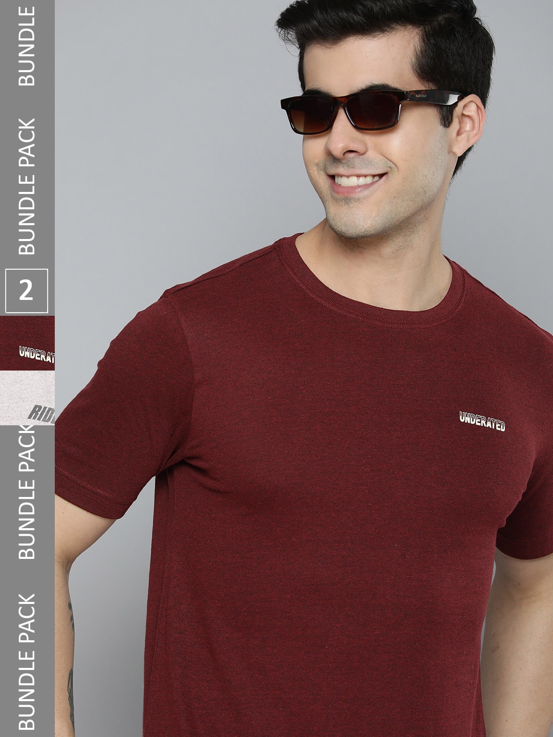 HERE&NOW Men Pack of 2 Solid Pure Cotton T-shirts, Maroon