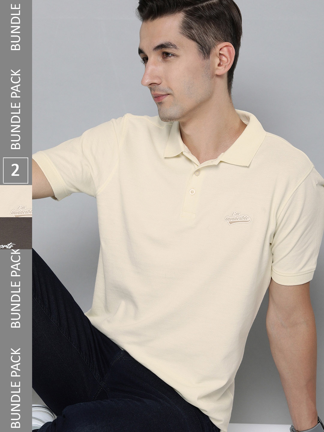 

HERE&NOW Men Pack of 2 Solid Pure Cotton T-shirts, Cream