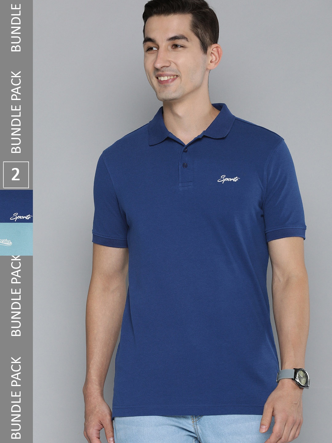 

HERE&NOW Men Pack of 2 Solid Pure Cotton T-shirts, Navy blue