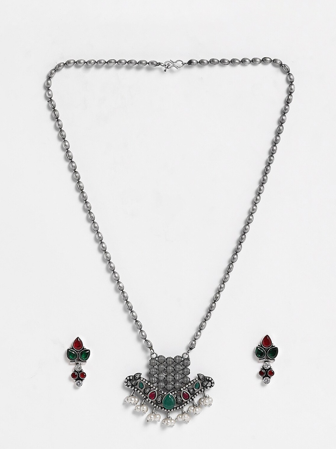 

EL REGALO Silver Toned & Green Stone-Studded Silver-Plated Jewellery Set