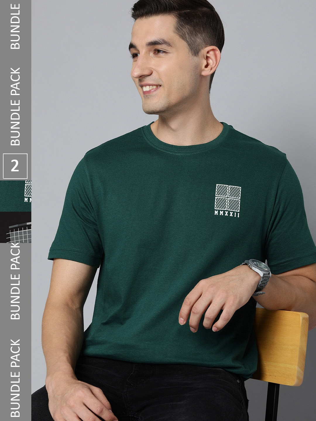 HERE&NOW Men Pack of 2 Solid Pure Cotton T-shirts, Teal