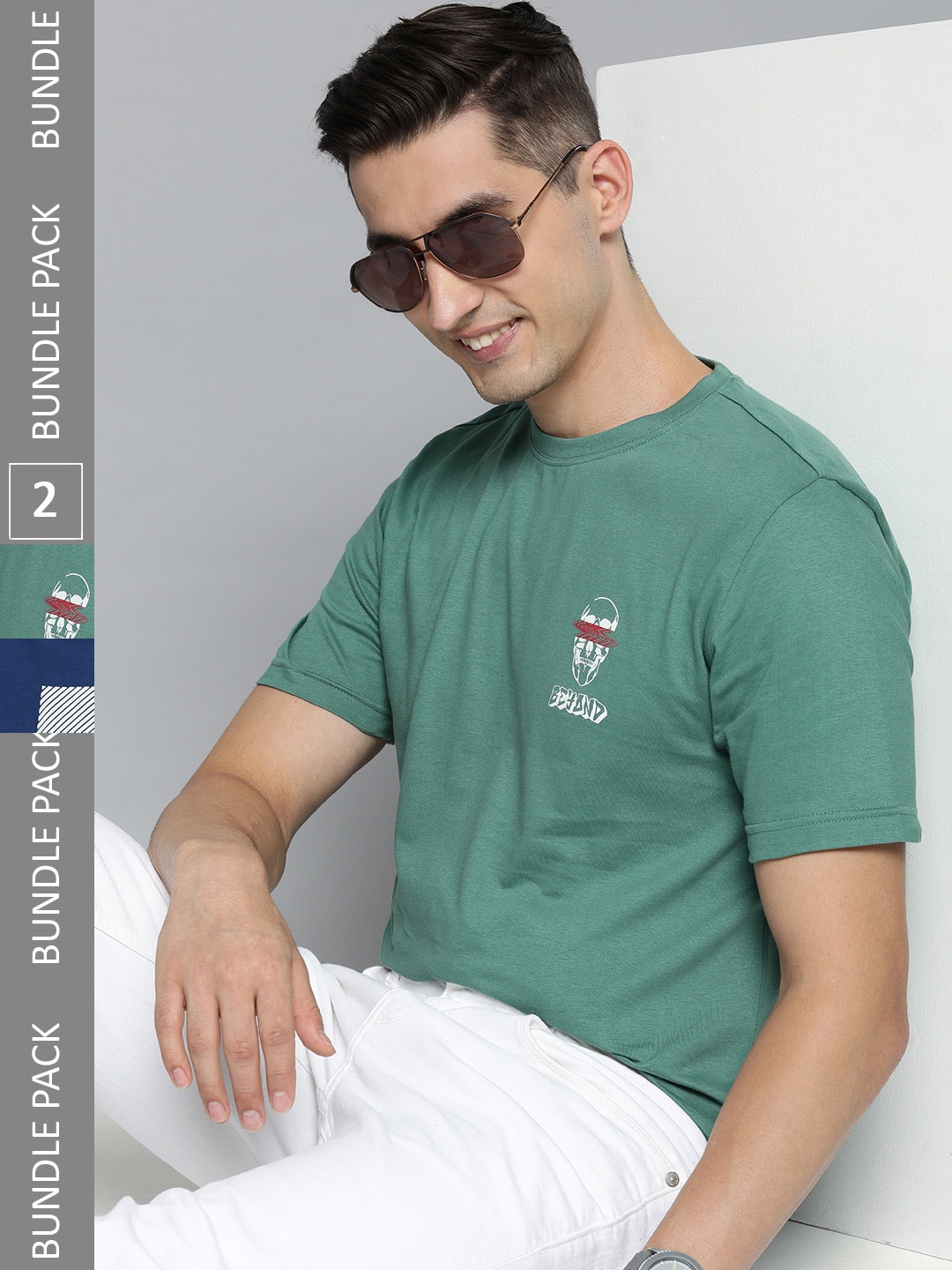 HERE&NOW Men Pack of 2 Solid Pure Cotton T-shirts, Green