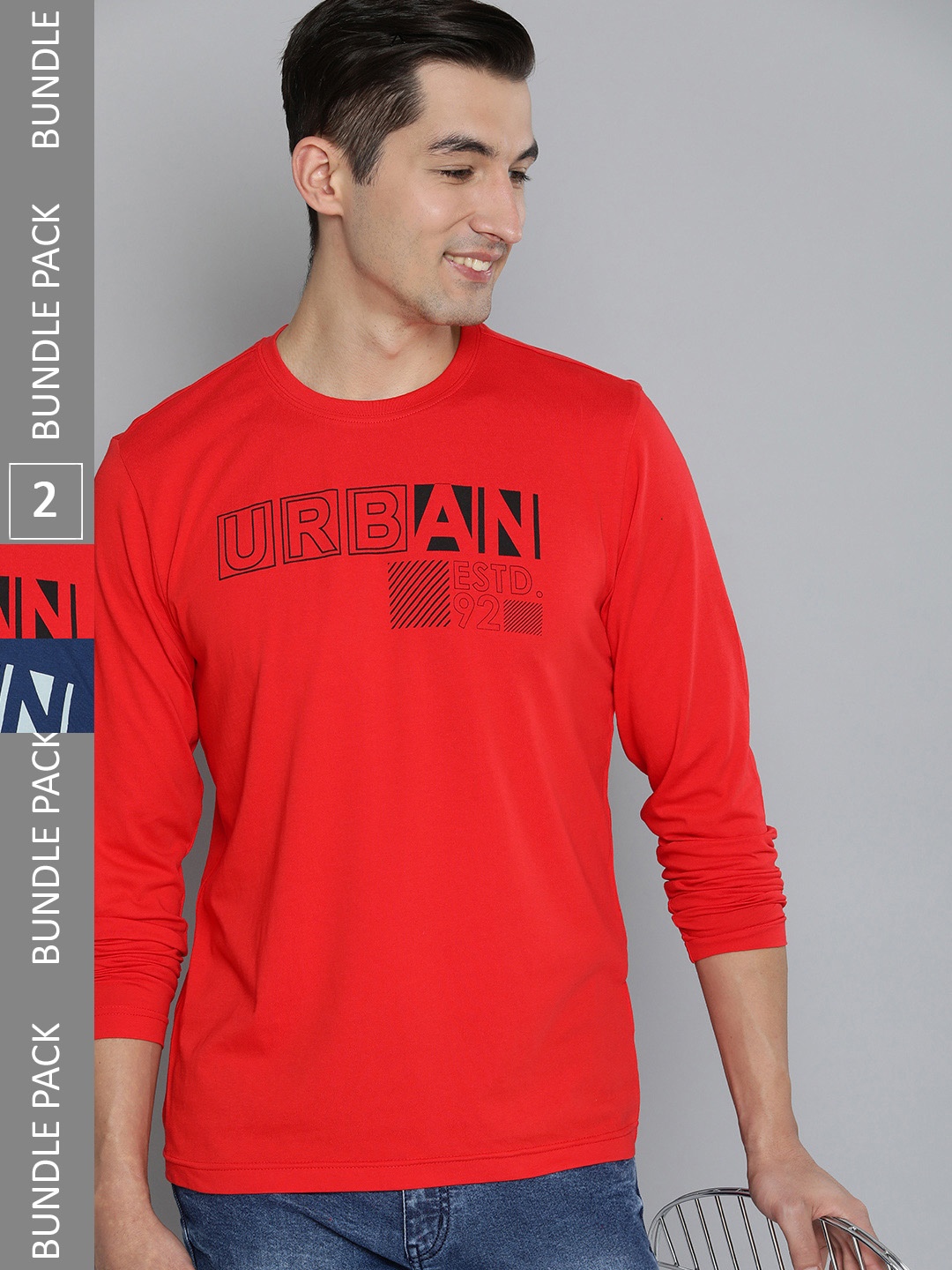 

HERE&NOW Men Red & Blue Pack Of 2 Typography Print Round Neck Pure Cotton T-shirts