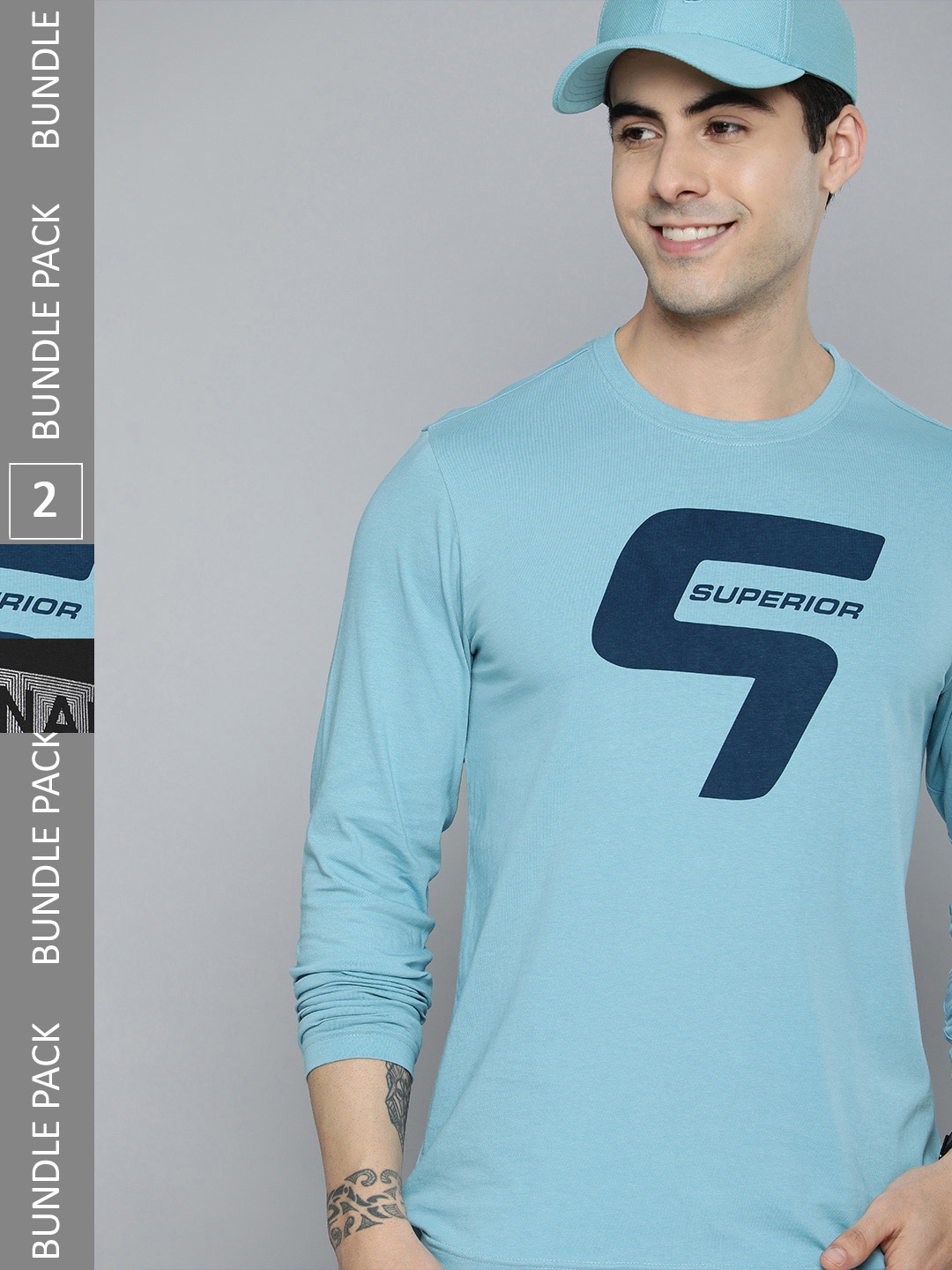 

HERE&NOW Men Blue & Black Pack Of 2 Typography Print Round Neck Pure Cotton T-shirts