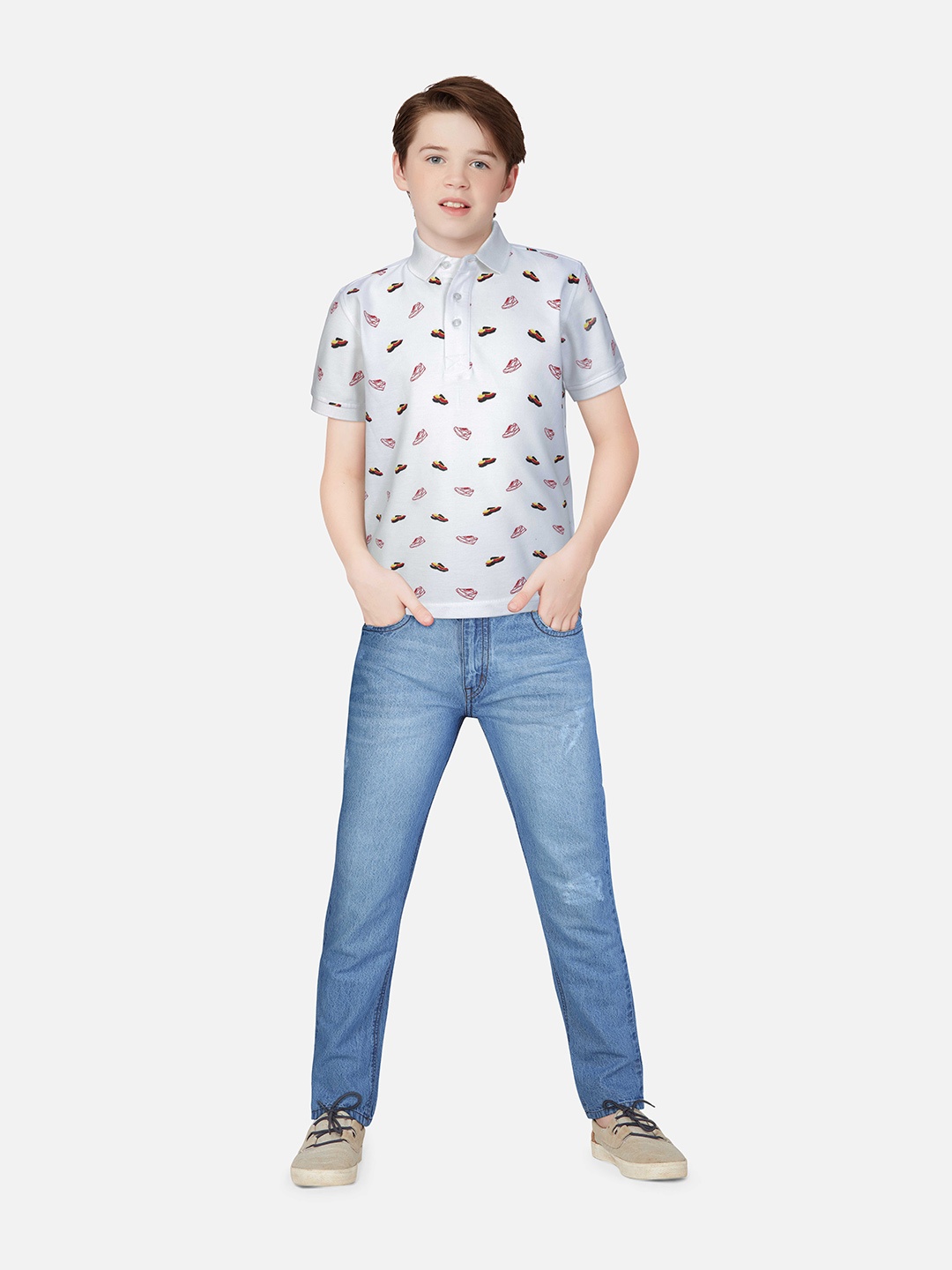 

Gini and Jony Boys White Conversational Printed Polo Collar Cotton T-shirt