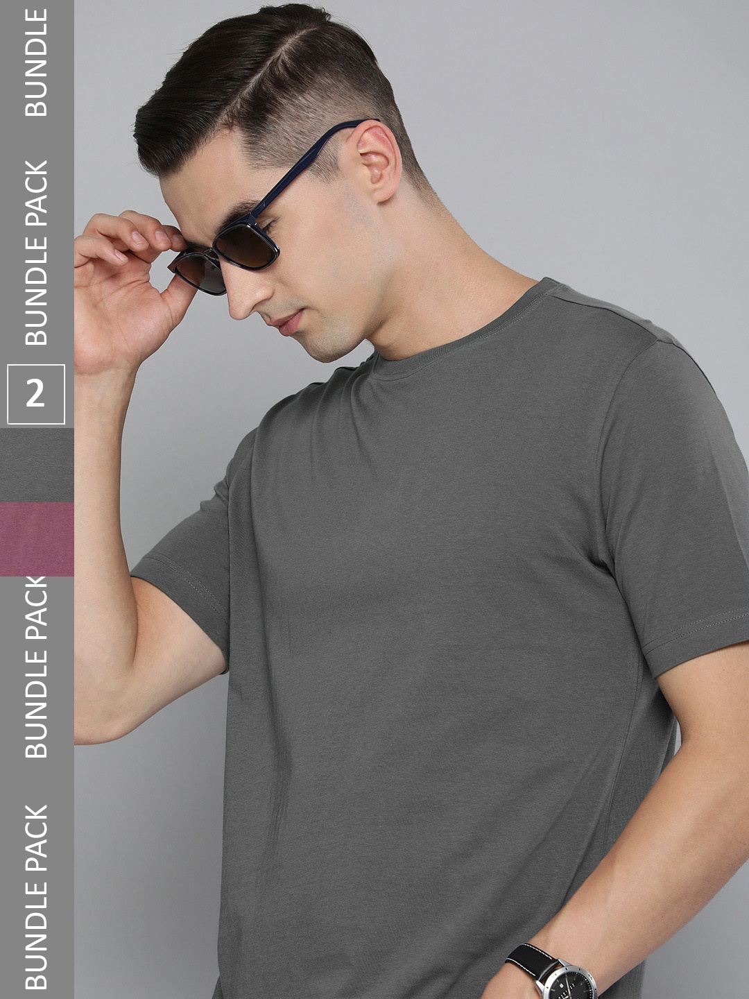 

HERE&NOW Men Dark Mauve Pink & Charcoal Grey Pack Of 2 Solid Pure Cotton T-shirts