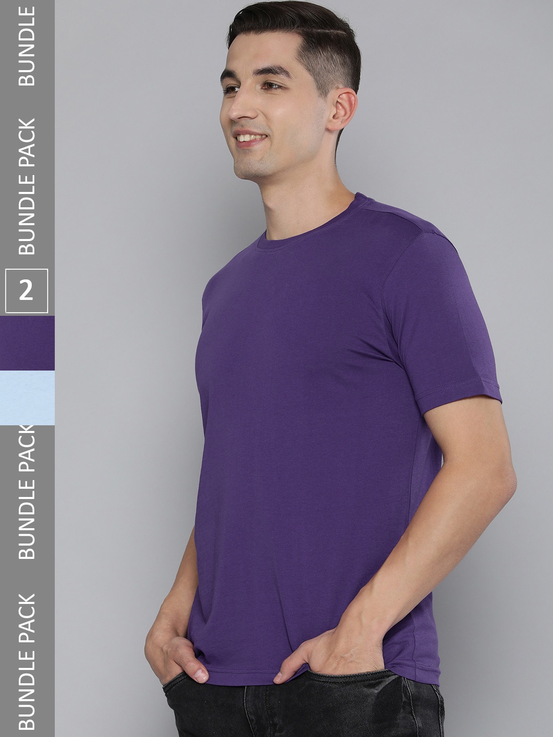 

HERE&NOW Men Purple & Blue Pack Of 2 Solid Round Neck Pure Cotton T-shirts