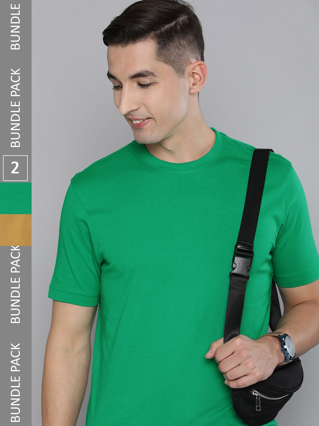 

HERE&NOW Men Green & Camel Brown Pack Of 2 Solid Round Neck Pure Cotton T-shirts