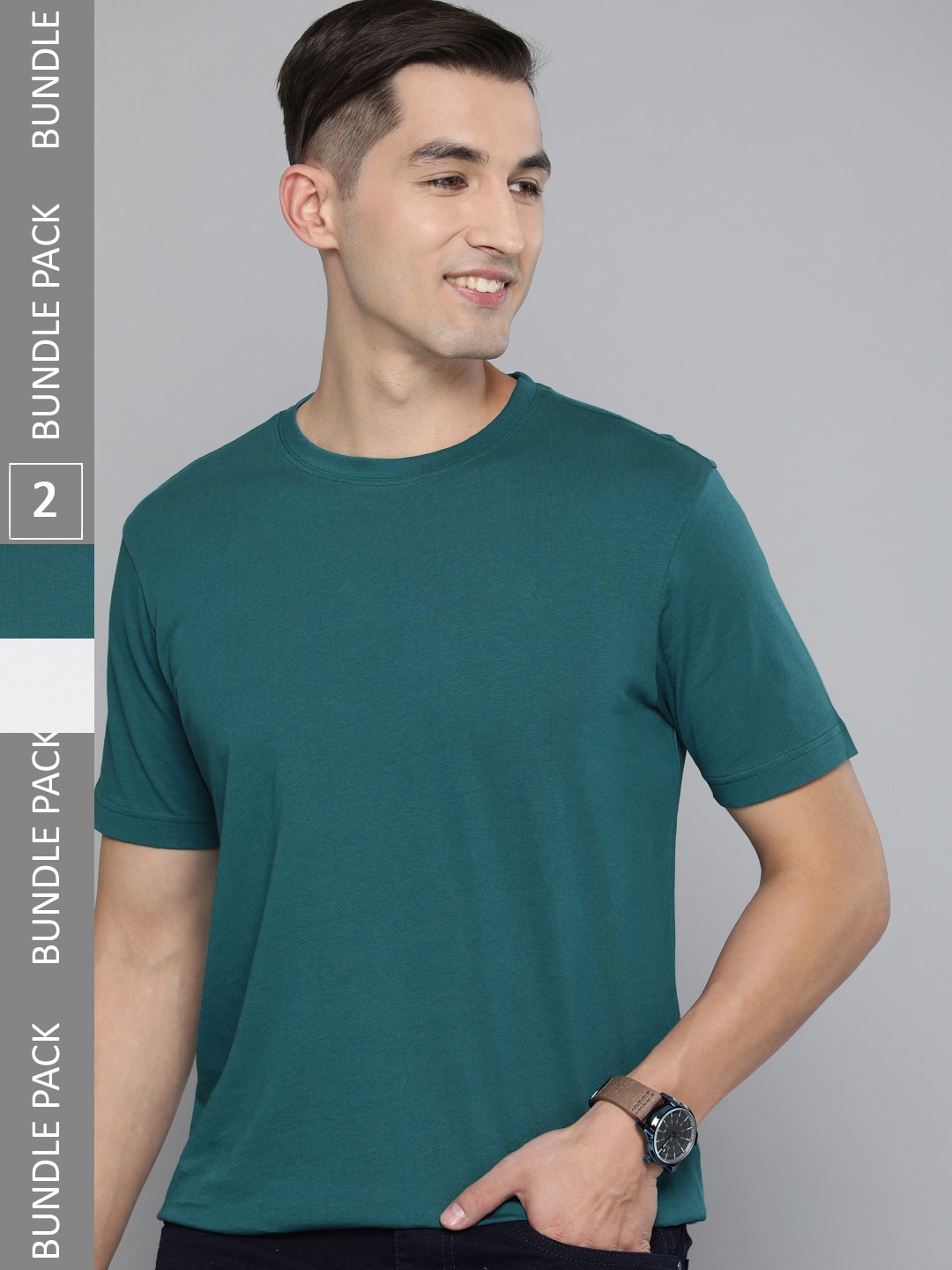 

HERE&NOW Men Teal Green & White Pack Of 2 Solid Round Neck Pure Cotton T-shirts