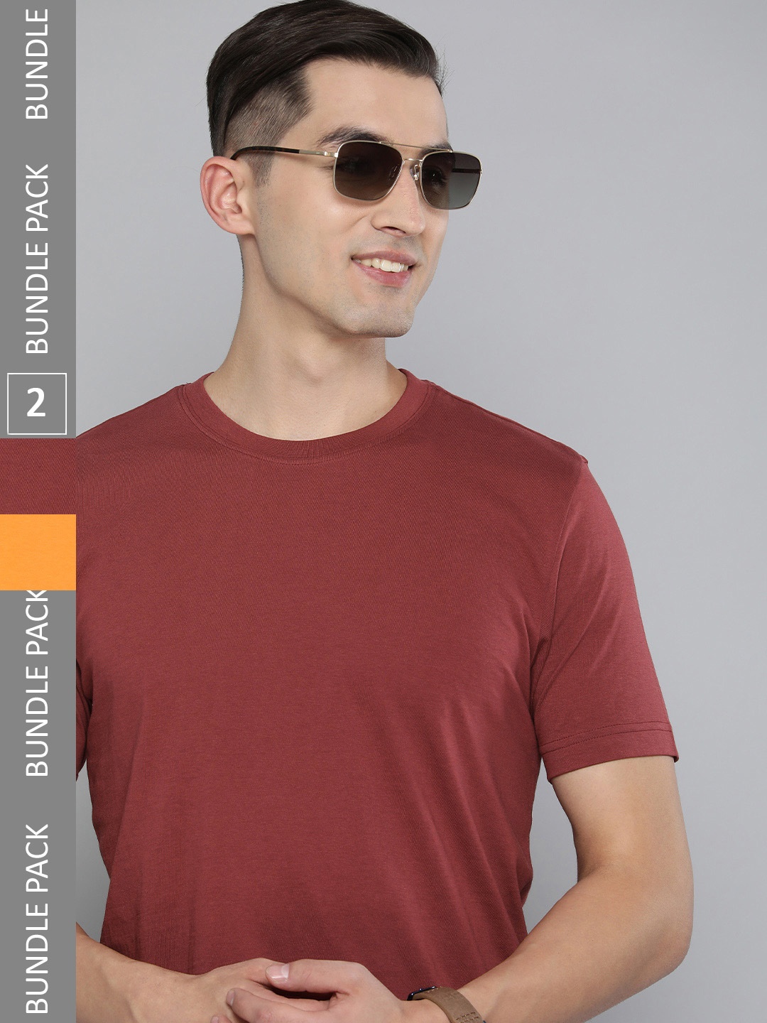 

HERE&NOW Men Burgundy & Orange Pack Of 2 Solid Round Neck Pure Cotton T-shirts