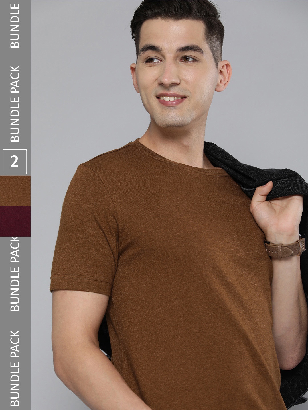 

HERE&NOW Men Brown & Burgundy Pack Of 2 Solid Round Neck Pure Cotton T-shirts