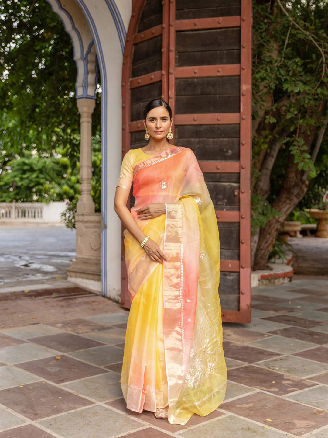 

Geroo Jaipur Handcrafted Pittan Work Pure Kota Silk Saree, Yellow