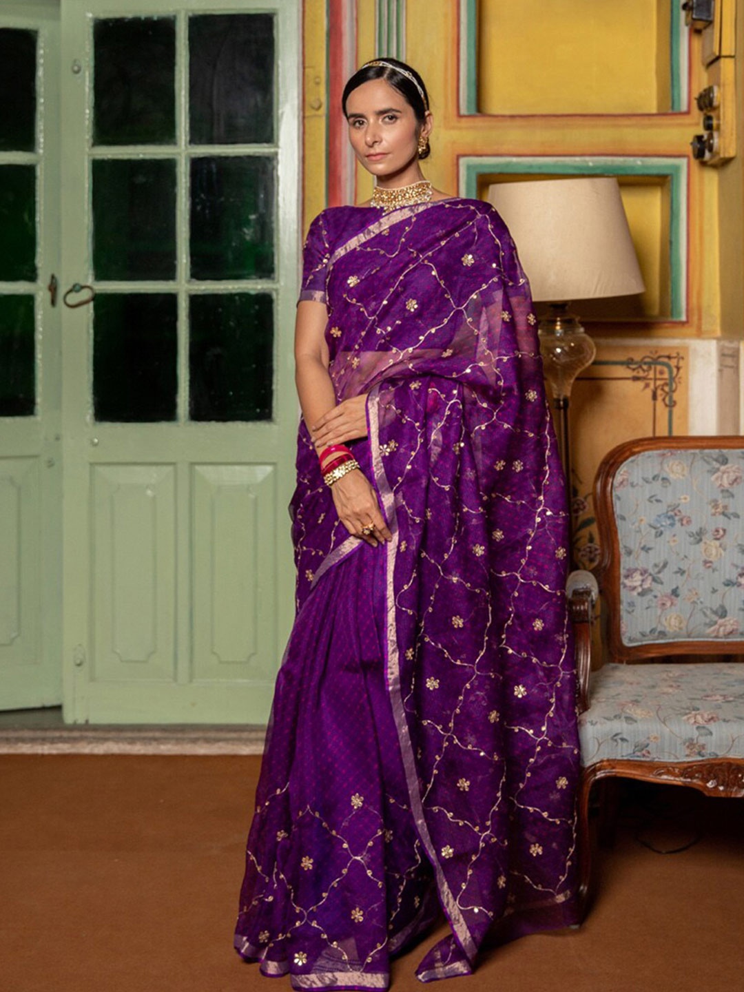 

Geroo Jaipur Handcrafted Gota Patti Pure Kota Silk Mothra Saree, Purple