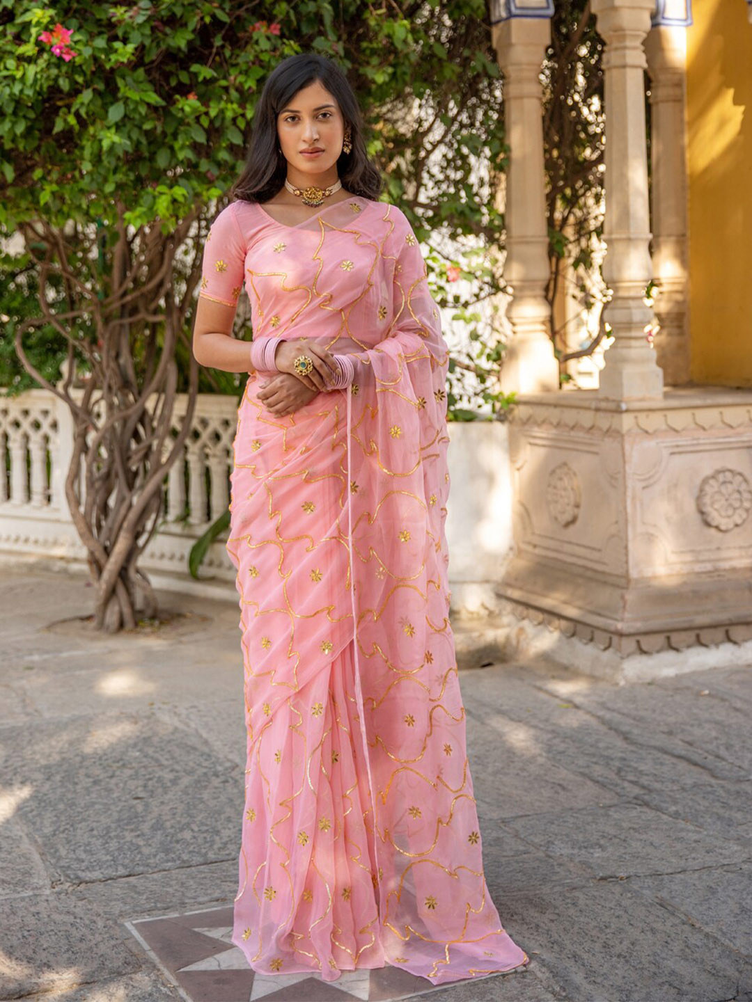 

Geroo Jaipur Pink Handcrafted Gota Jaal Chiffon Saree