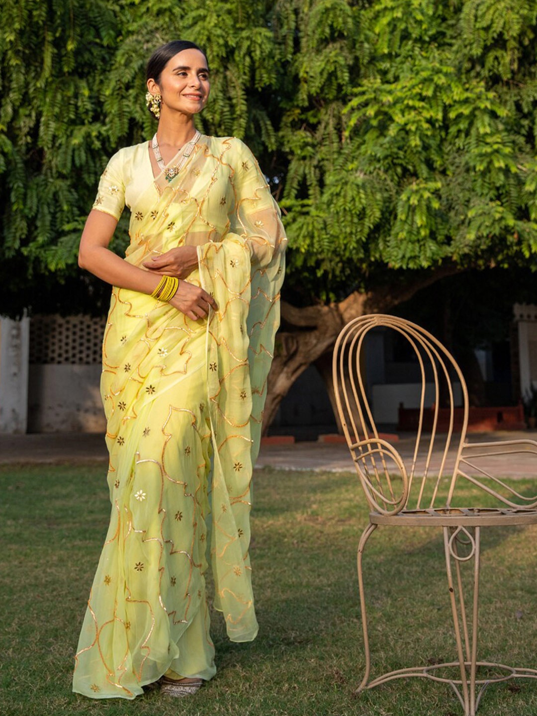 

Geroo Jaipur Handcrafted Gota Jaal Chiffon Saree, Lime green