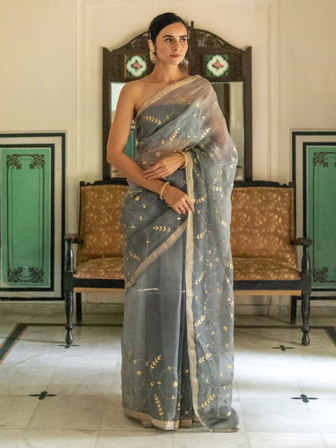 

Geroo Jaipur Floral Gotta Patti Pure Silk Kota Saree, Grey