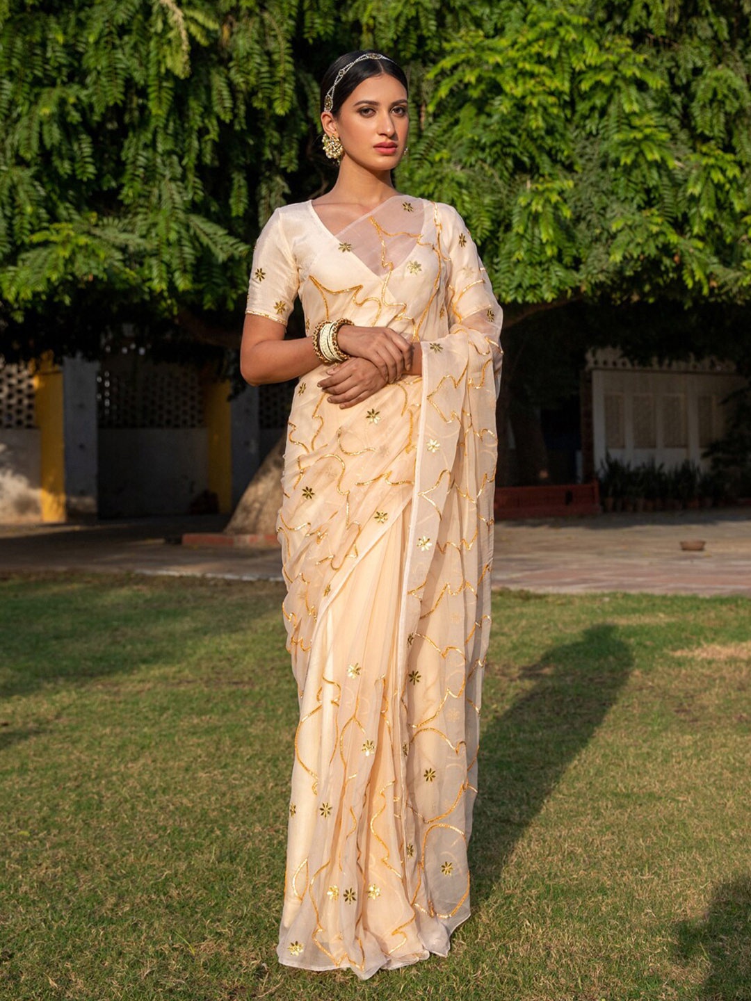 

Geroo Jaipur Handcrafted Gota Jaal Chiffon Saree, Beige
