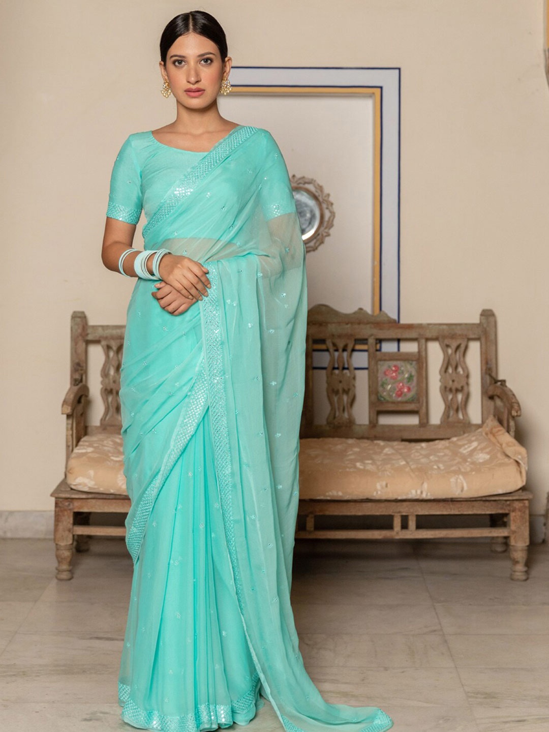 

Geroo Jaipur Turquoise Blue Handcrafted Mirror-Work Chiffon Saree
