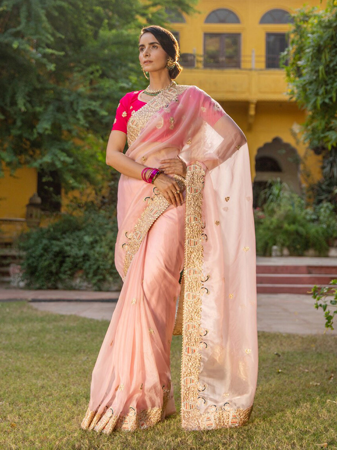 

Geroo Jaipur Pink & Gold-Toned Floral Embroidered Organza Saree