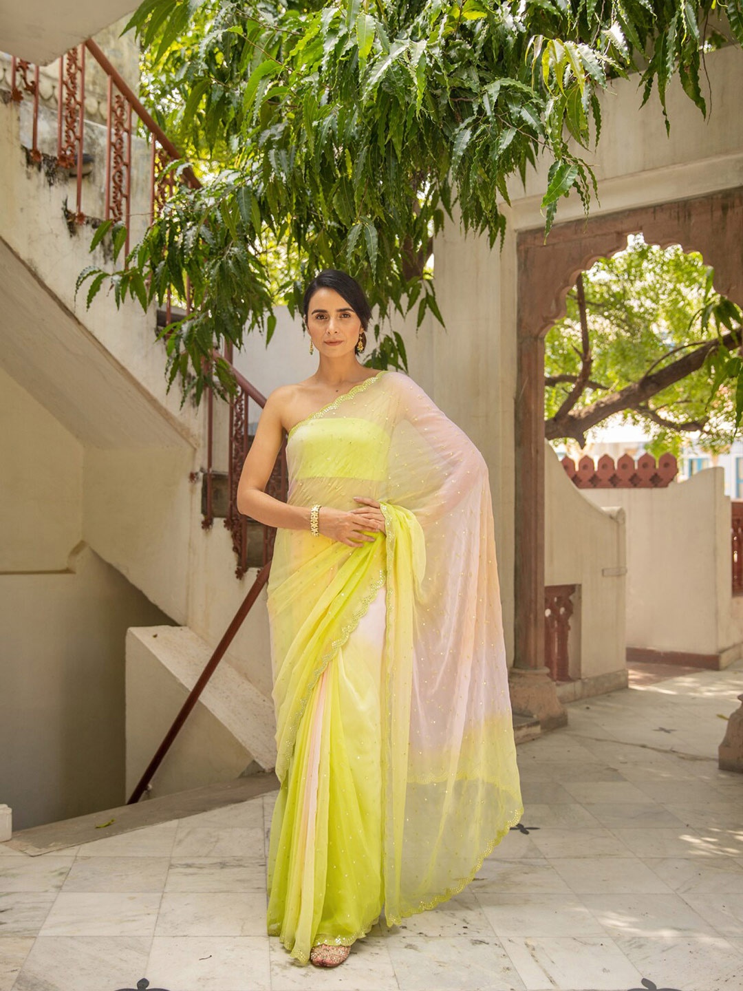 

Geroo Jaipur Handcrafted Mirror Work Chiffon Saree, Lime green