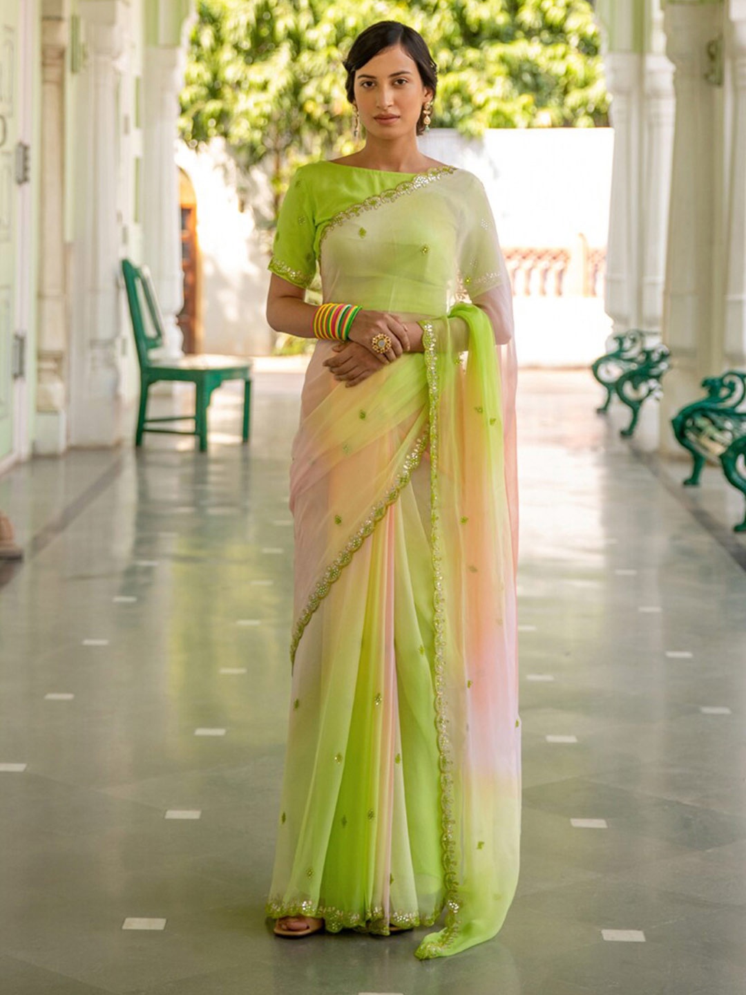 

Geroo Jaipur Handcrafted Mirror Work Chiffon Saree, Lime green