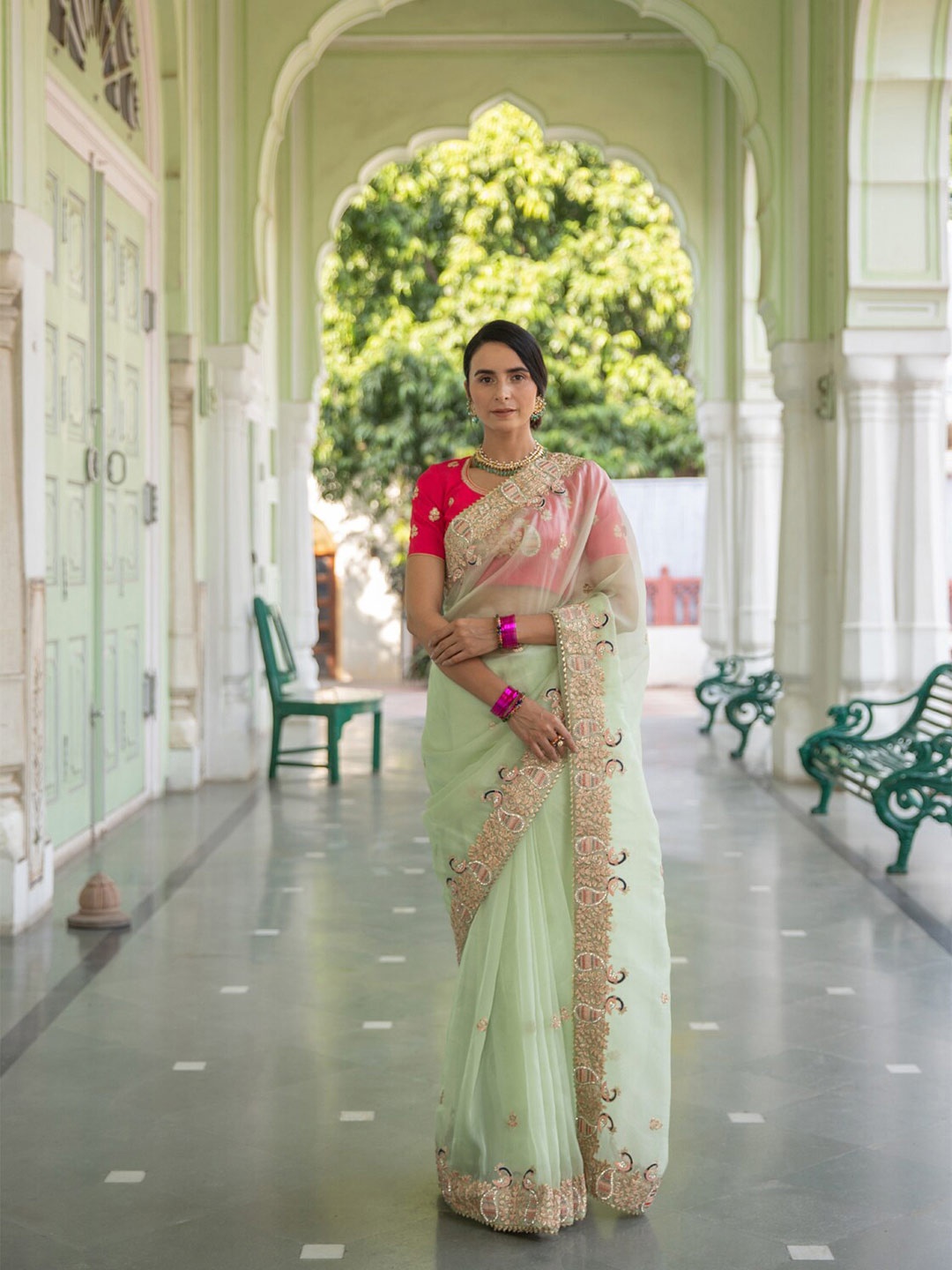 

Geroo Jaipur Handcrafted Organza Saree, Green