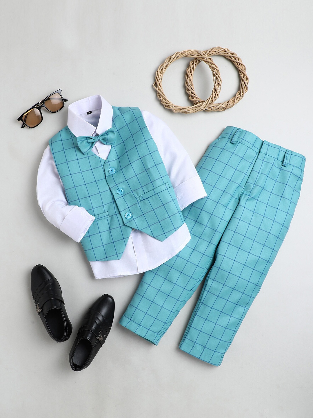 

Jeetethnics Boys Turquoise Blue & White Shirt & Trouser With Waist Coat