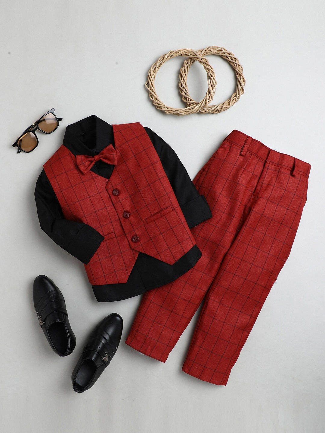 

Jeetethnics Boys Red & Black Shirt & Trouser With Waist Coat