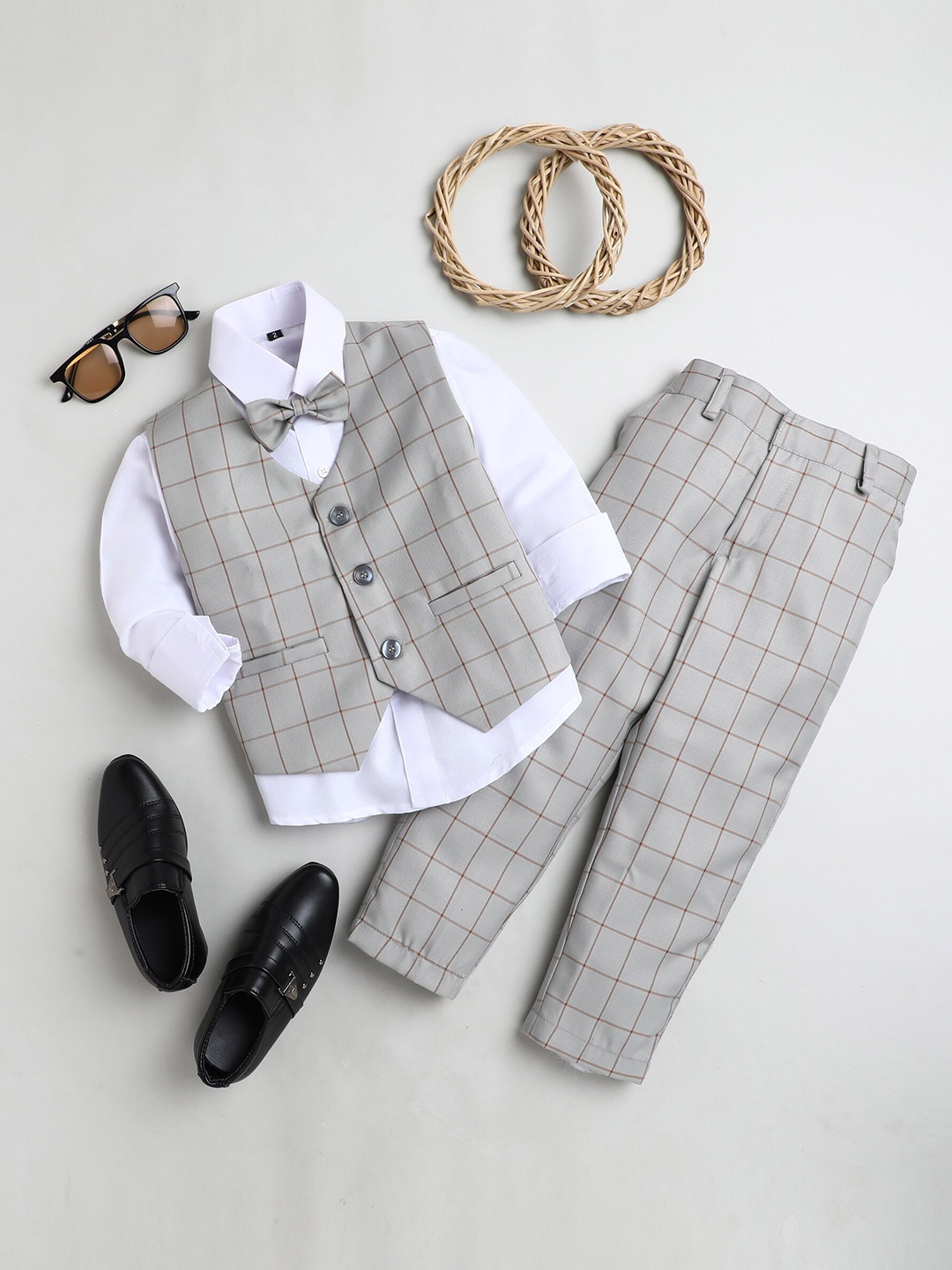 

Jeetethnics Boys Partywear Shirt & Trouser With Waist Coat, Grey