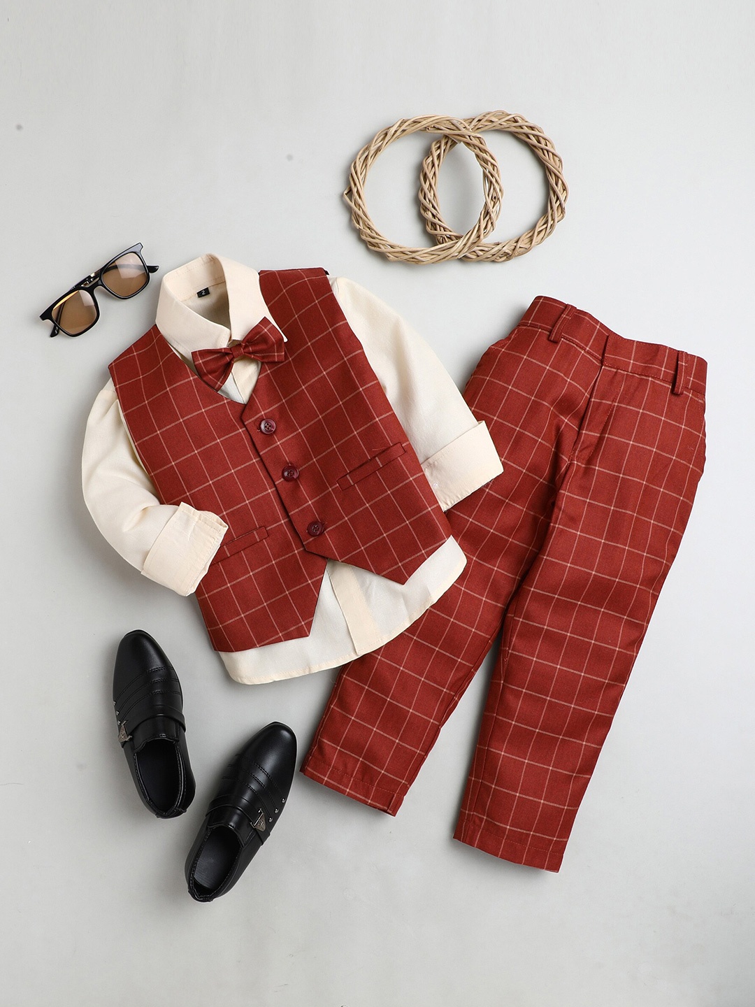 

Jeetethnics Boys Partywear Shirt & Trouser With Waist Coat, Brown