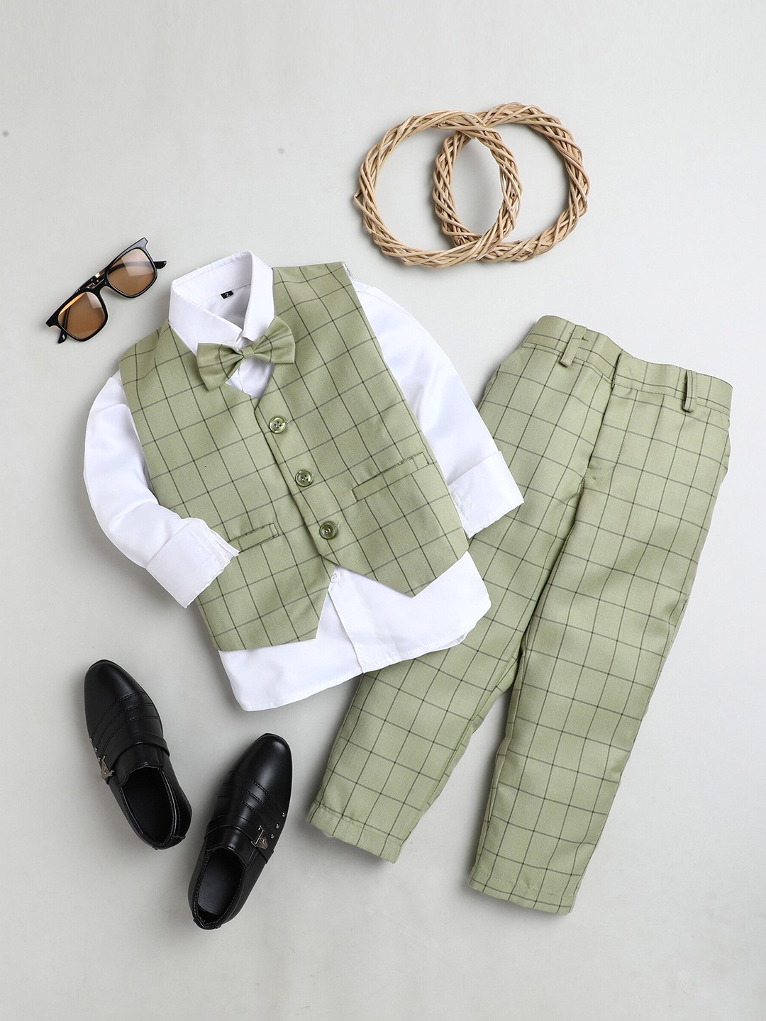 

Jeetethnics Boys Green & Black Shirt & Trouser With Waist Coat