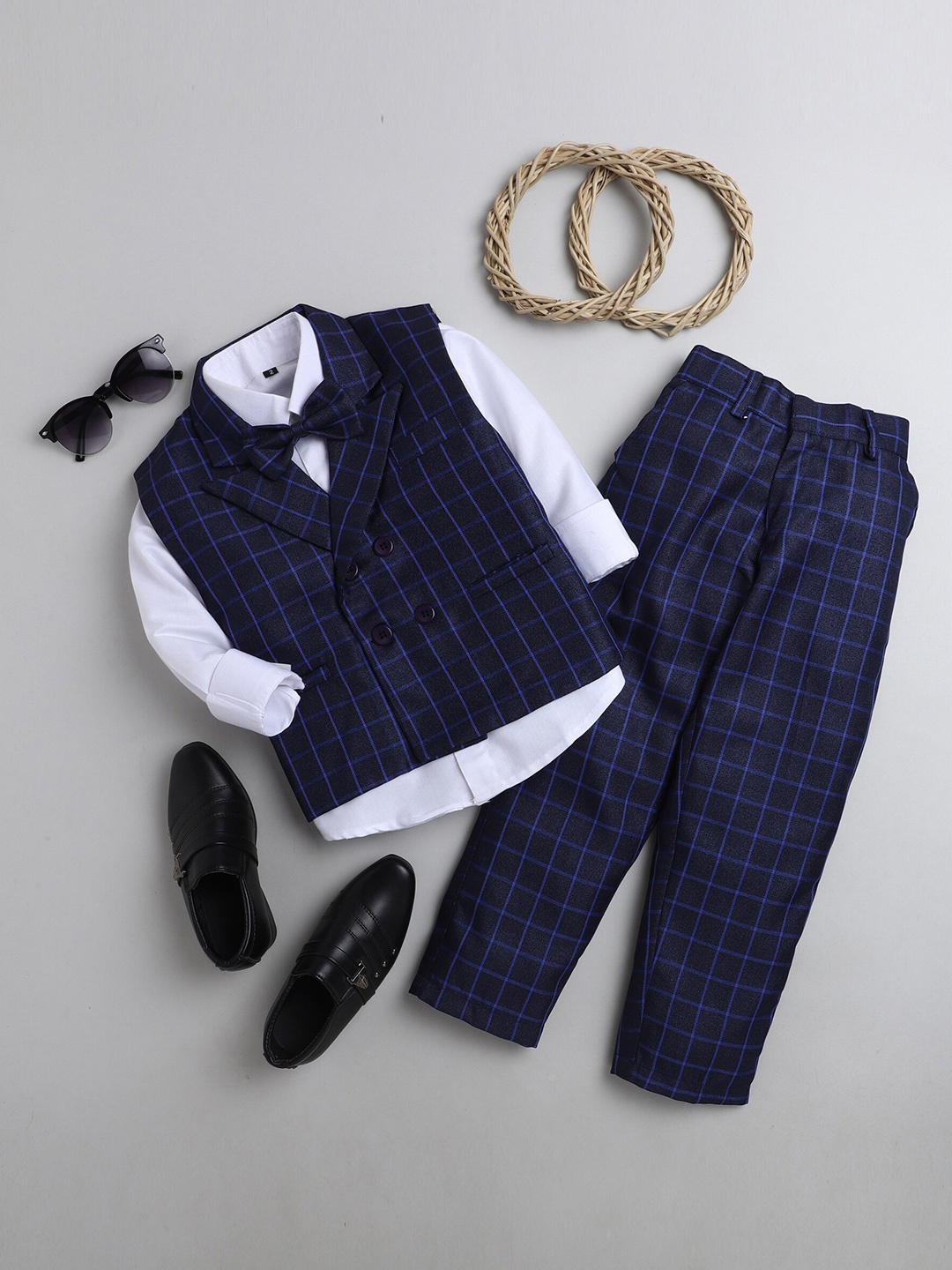

Jeetethnics Boys Partywear Shirt & Trouser With Waist Coat, Navy blue
