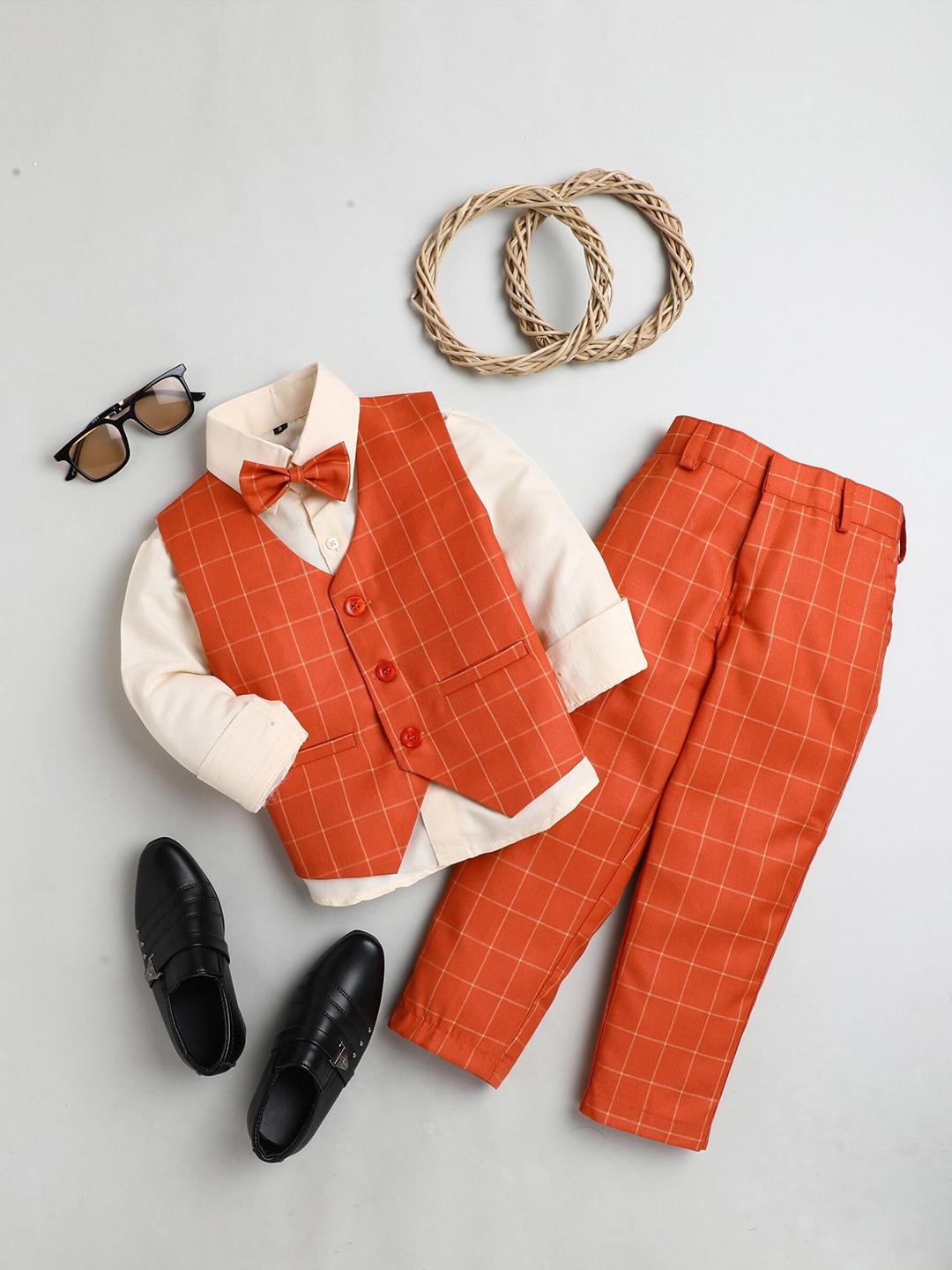 

Jeetethnics Boys Orange & White Shirt & Trouser With Waist Coat