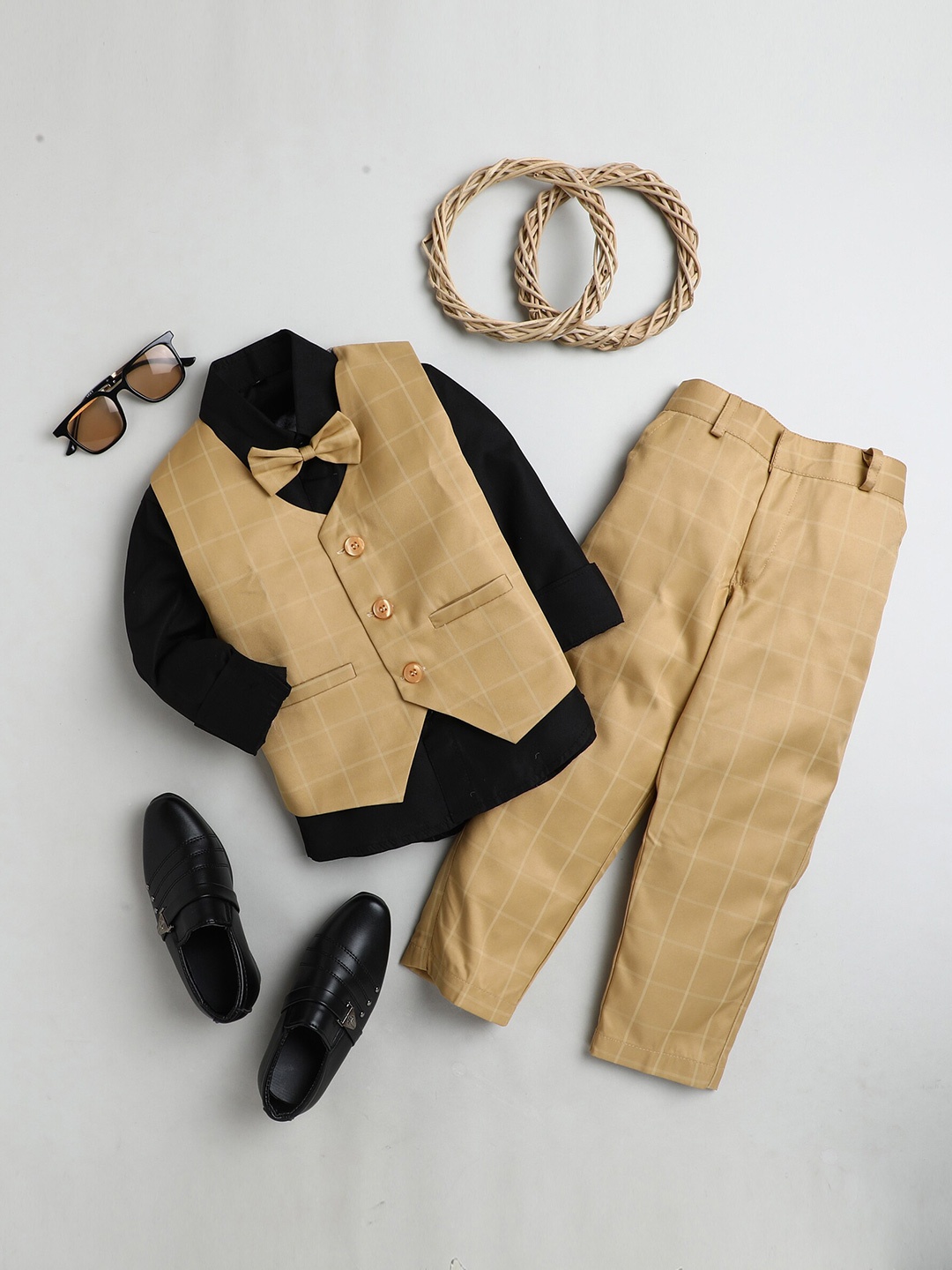 

Jeetethnics Boys Partywear Checked Shirt with Trousers, Gold