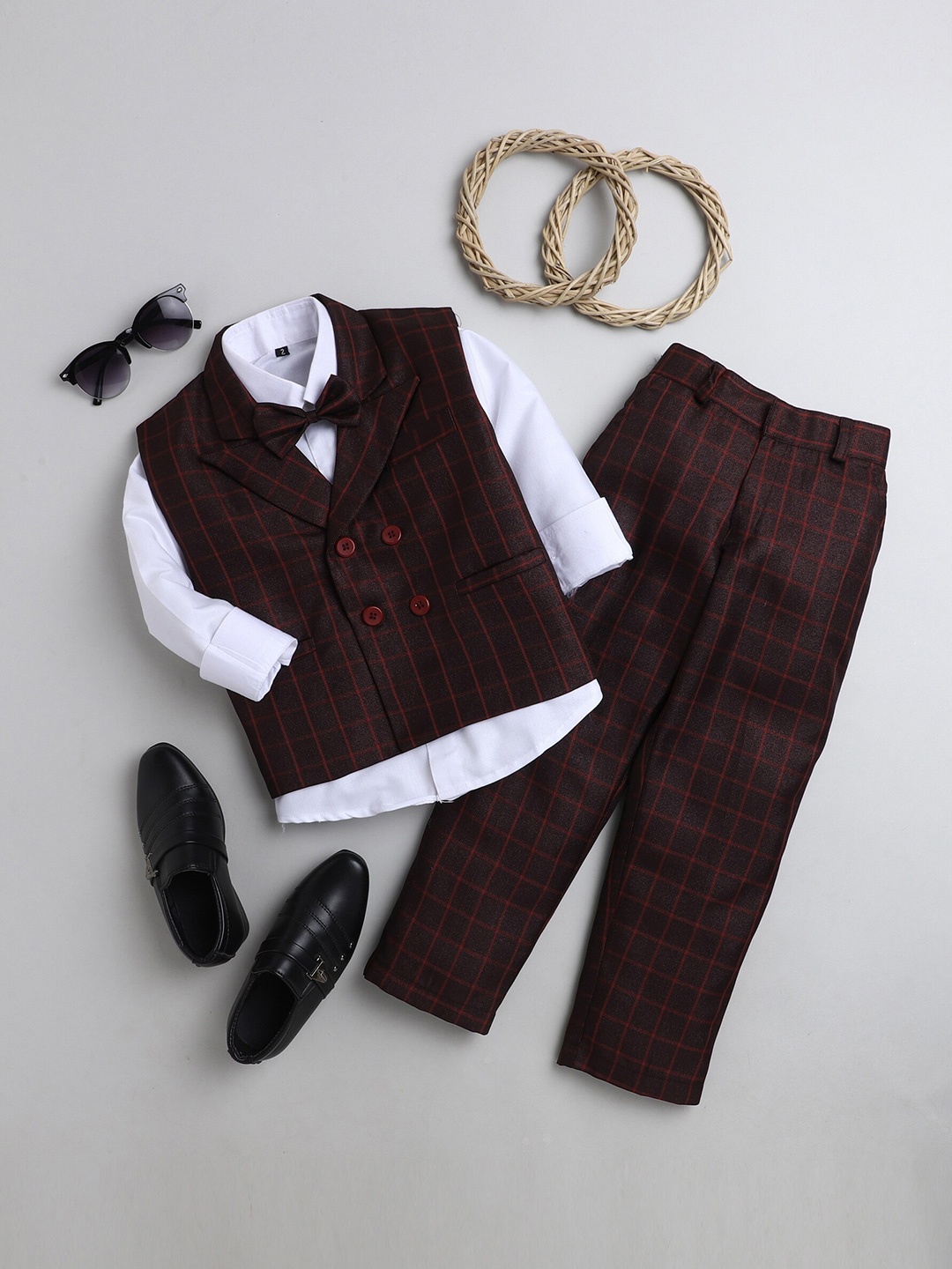 

Jeetethnics Boys Maroon & White Shirt & Trouser With Waist Coat