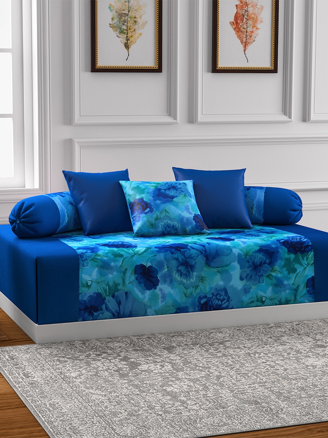 

SWAYAM Blue Printed Diwan Set with Bolster & Cushion Covers