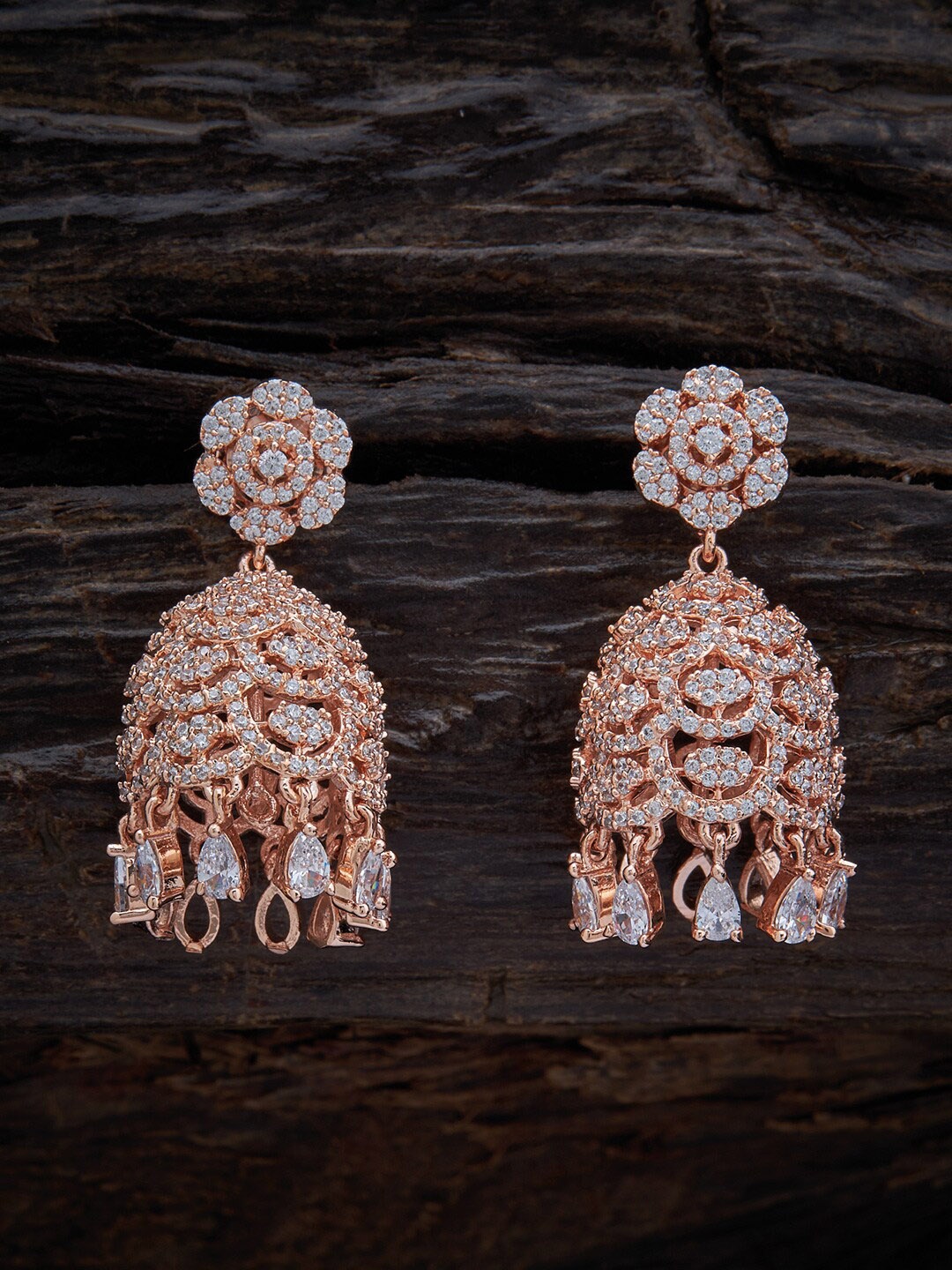 

Kushal's Fashion Jewellery Rose Gold Plated White Dome Shaped Jhumkas Earrings