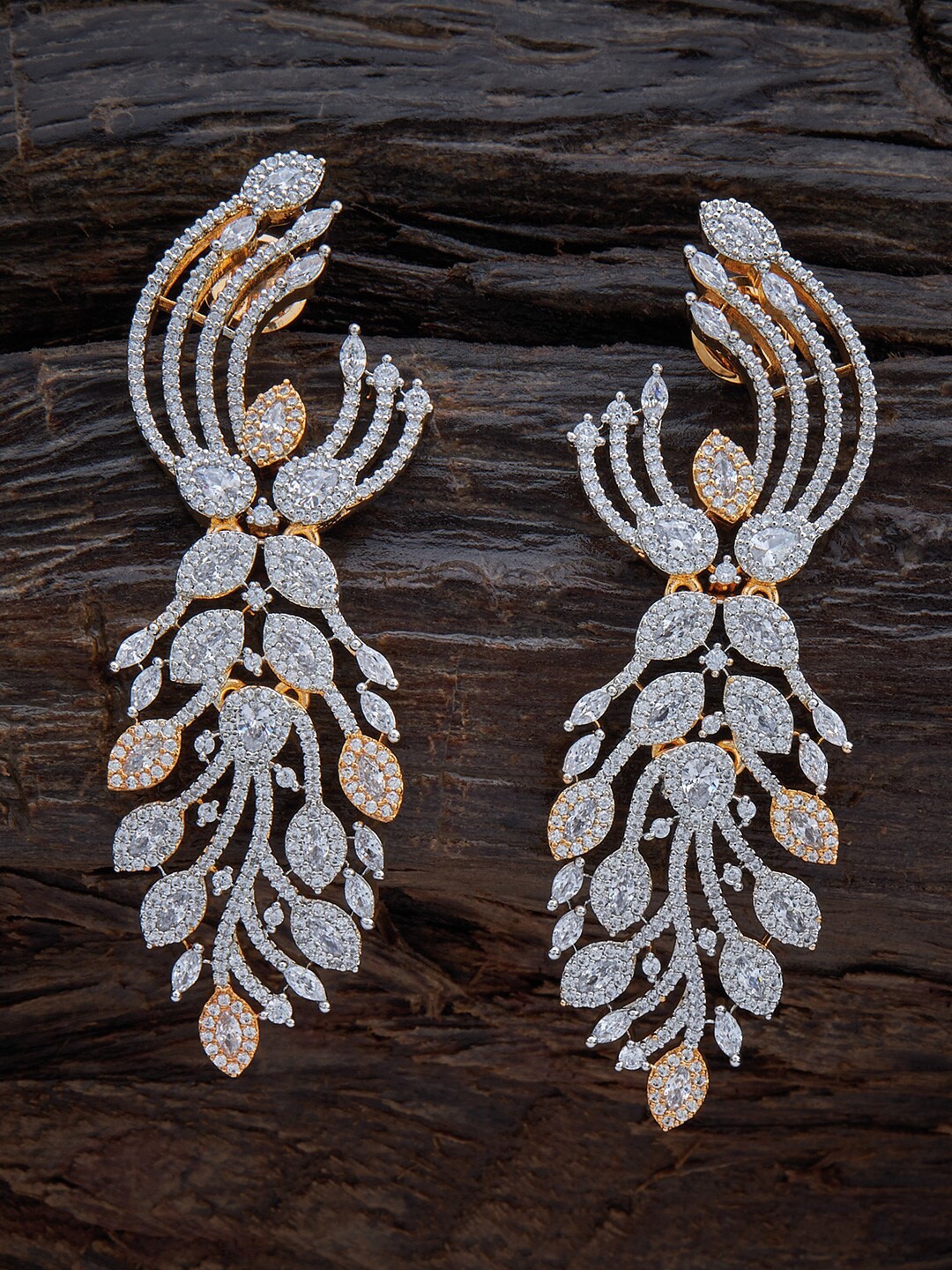 

Kushal's Fashion Jewellery Gold Plated White Peacock Shaped Drop Earrings