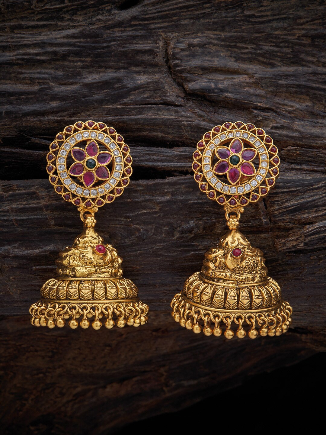 

Kushal's Fashion Jewellery Red & Gold Rhodium-Plated Dome Shaped Jhumkas Earrings