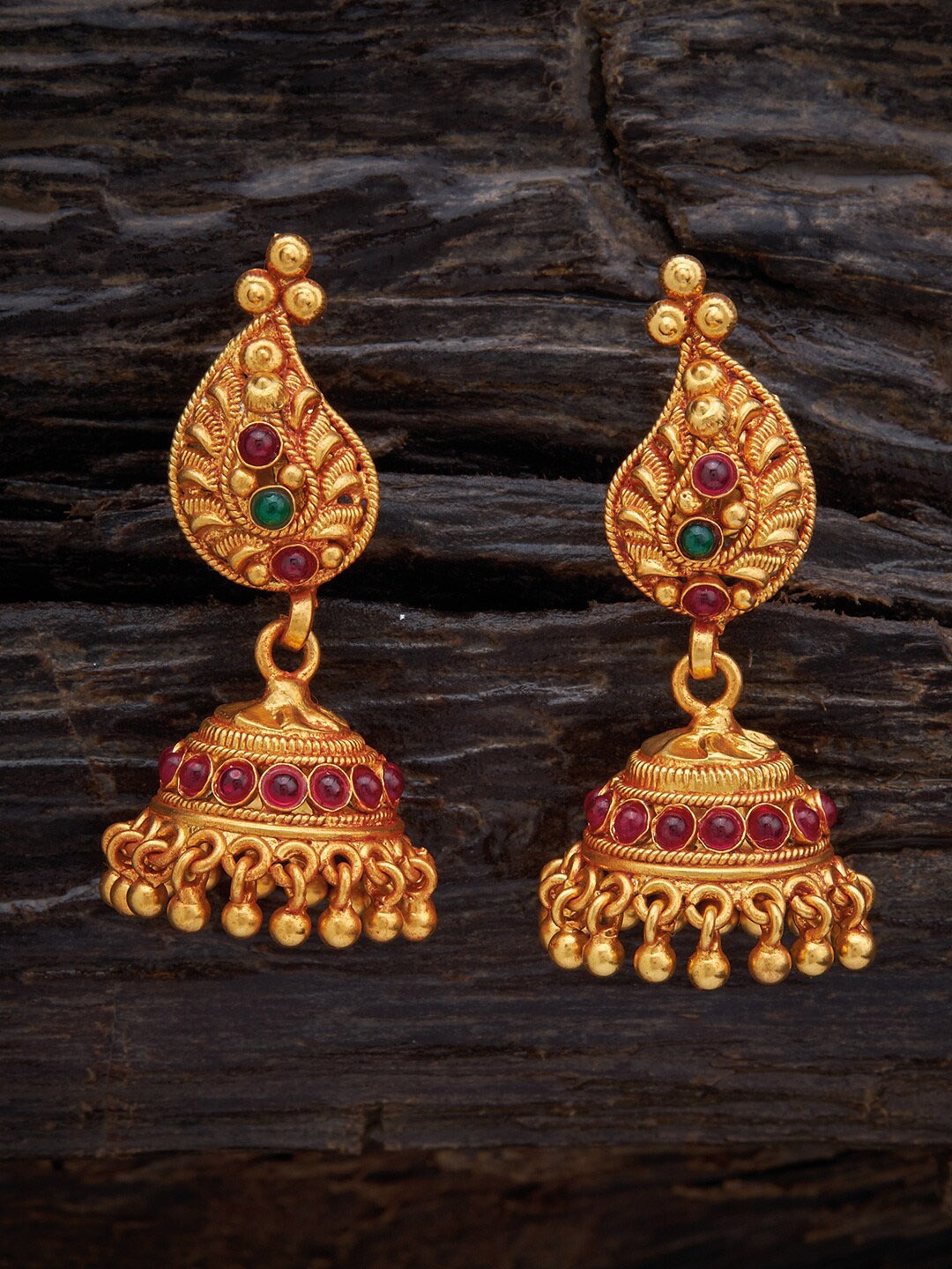 

Kushal's Fashion Jewellery Gold-Plated Red & Green Leaf Shaped Jhumkas Earrings