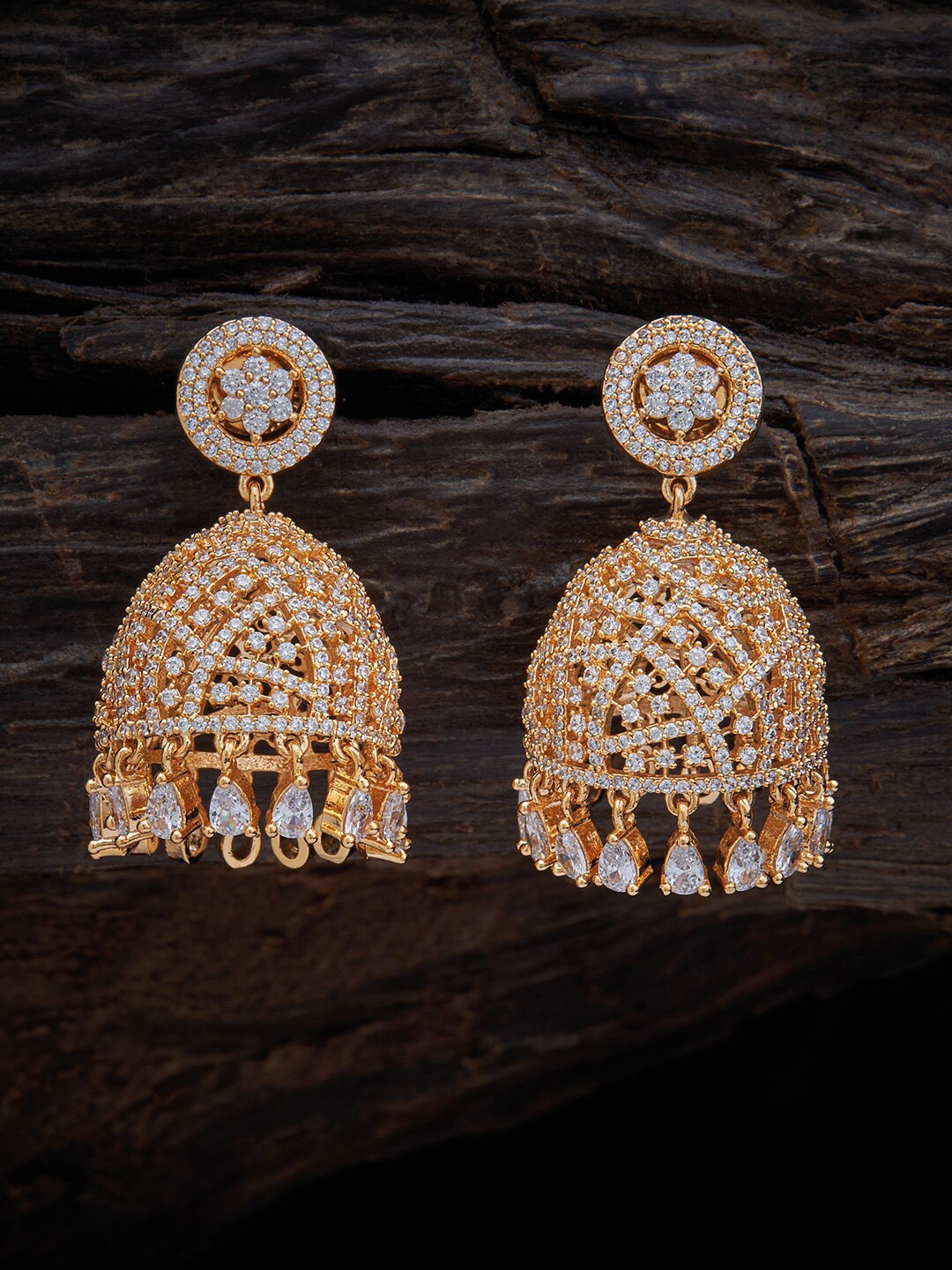 

Kushal's Fashion Jewellery White & Gold-Plated CZ Studded Dome Shaped Drop Earrings