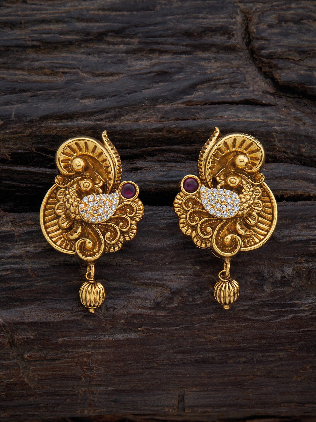 

Kushal's Fashion Jewellery Gold-Plated & Red Peacock Shaped Drop Earrings